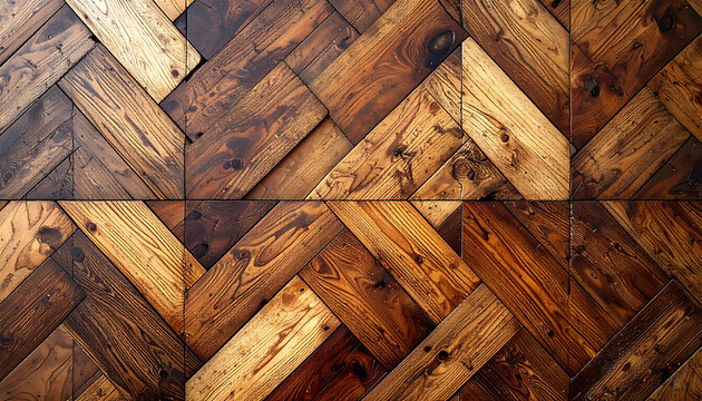 Rustic distressed herringbone wood floor texture, aged wooden planks with visible grain and dark varnish, detailed surface pattern for interior design concepts