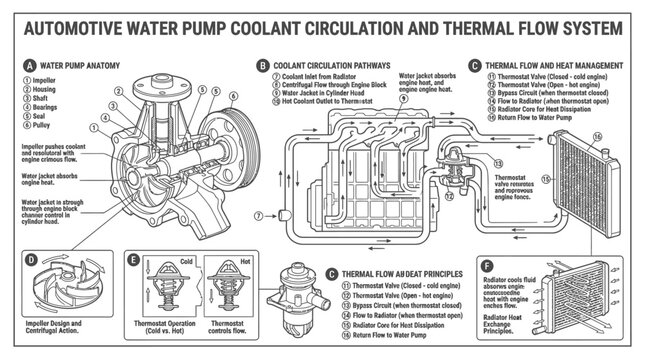 Automotive water pump coolant circulation system infographic