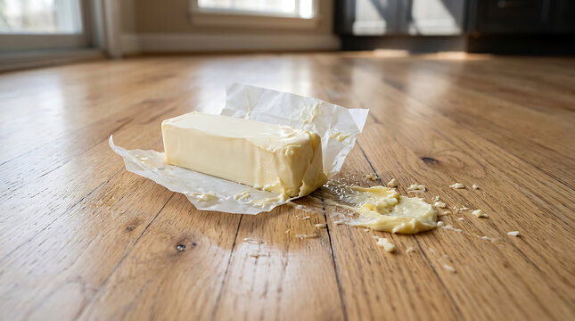 Dropped Butter Block on Hardwood Floor: Kitchen Mishap, Food Waste, Cleaning Challenge, Domestic Accident, Cooking Error