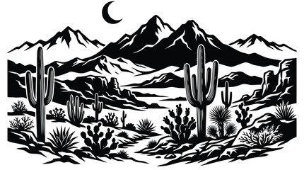 Fototapeta premium Desert landscape with cacti and mountains