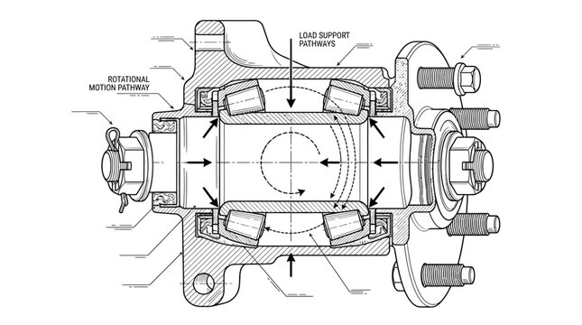Cross section wheel hub bearing load pathway diagram.