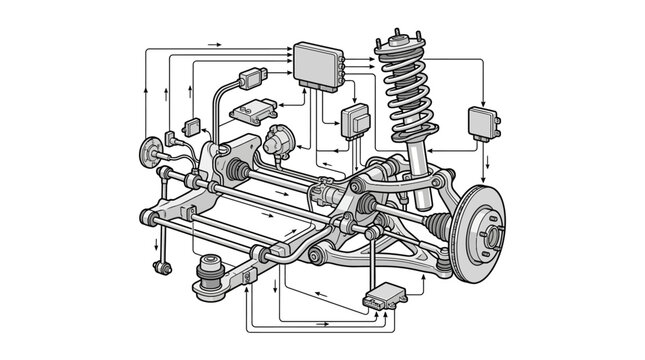 Detailed front suspension and braking system diagram