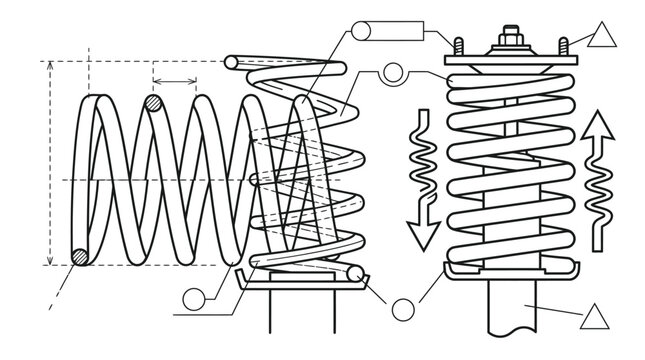 Detailed vehicle strut assembly and coil spring technical drawing.