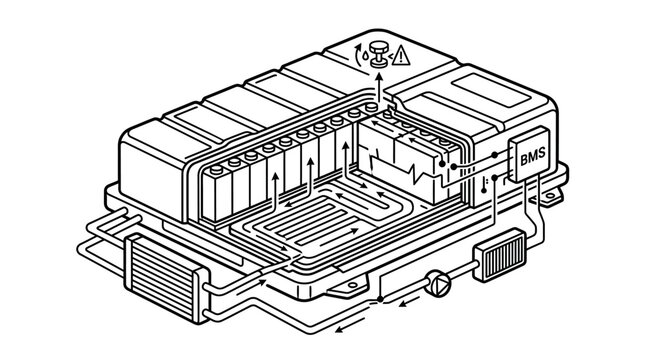 Electric vehicle battery pack isometric cutaway diagram