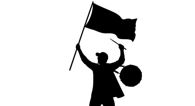 Person holding a flag and shield standing alone