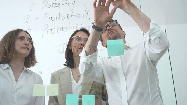 Business professionals collaborating at office meeting, developing strategy and brainstorming ideas on a transparent glass board, working together for project success and innovation