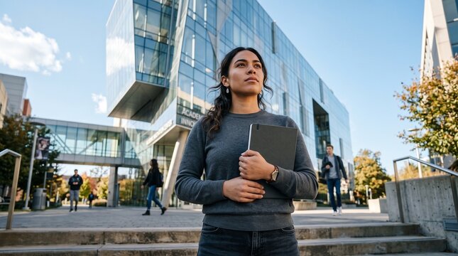 Young woman holding notebook looking up thoughtfully in front of modern university building with copy space