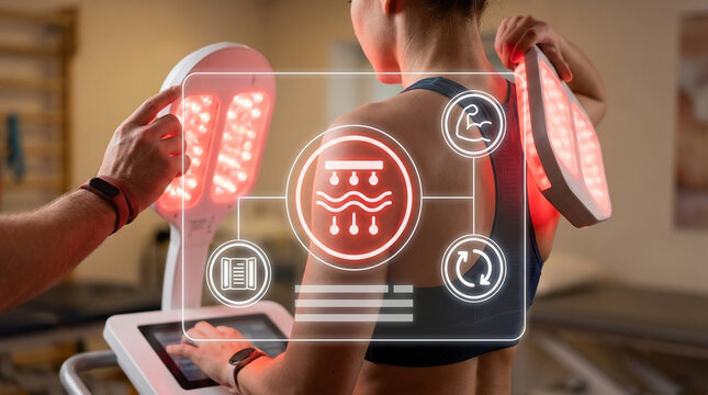 Red Light Therapy Treatment for Back Pain Relief and Muscle Recovery Using Advanced LED Technology Panels and Digital Monitoring in a Professional Clinic