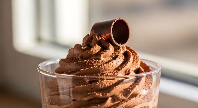 Rich chocolate mousse dessert with curl garnish in glass during soft daylight