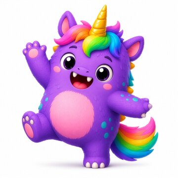 Cheerful purple unicorn monster mascot with rainbow mane in a playful dancing pose, perfect for kids' branding, games, stickers, educational content and colorful marketing.