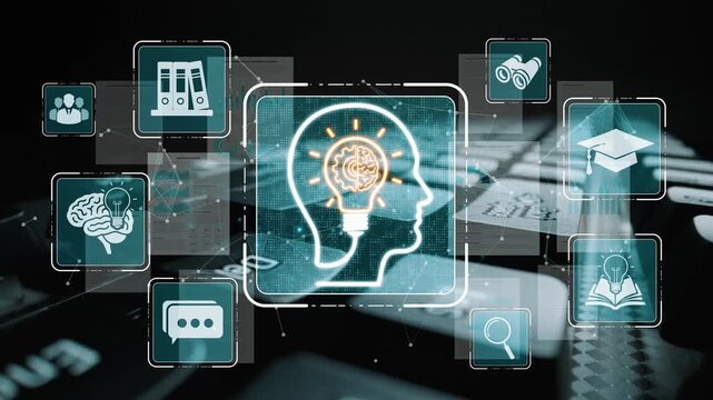 Creative concept of learning and knowledge representation with digital elements showcasing brain, education, communication, and innovation in a modern design Sigmoid