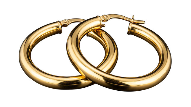 Classic gold hoop earrings, elegant 14k yellow gold jewelry for women, pair of polished metallic circular earrings, luxury fashion accessories isolated PNG with Transparent Background