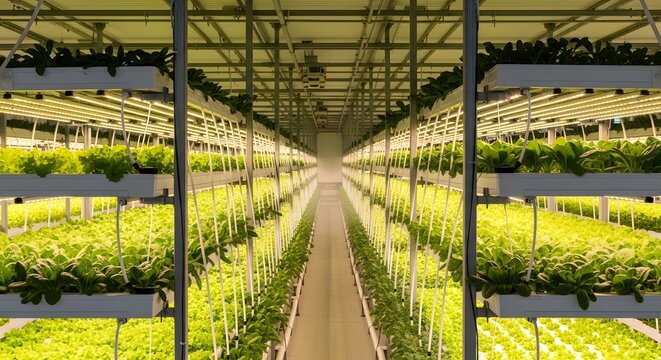 Rows of leafy green plants growing in an indoor agricultural facility with controlled environment and lighting