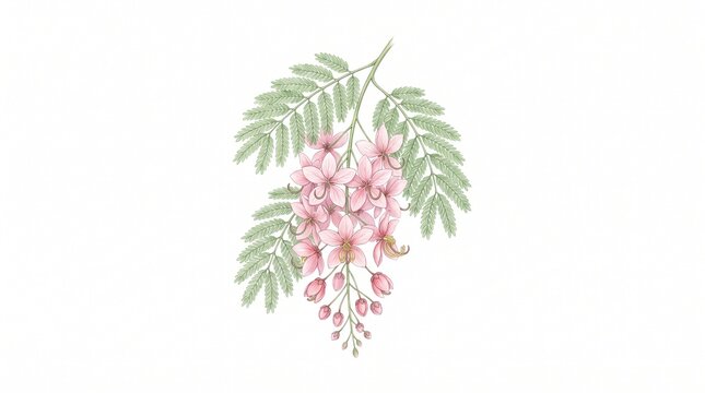 Detailed botanical watercolor illustration of pink cassia javanica flower blossom hanging on a branch with green leaves isolated on white background