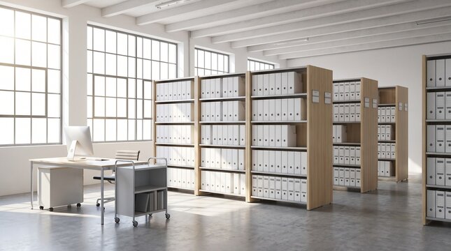 Modern bright archives room interior design with rows of wooden bookshelves holding white document ring binders office desk computer and large window