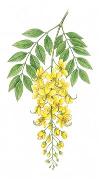 Botanical watercolor drawing of golden shower tree flowers cassia fistula blossom with bright yellow petals and green compound leaves on white background