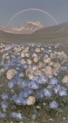 Obraz premium Serene floral landscape with rainbow mobile wallpaper