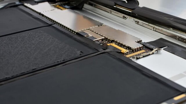 Close-up of tablet maintenance, showcasing technical care and precision in the repair process. Tablet repair close-up, showcasing tools and necessary care for an efficient maintenance process.