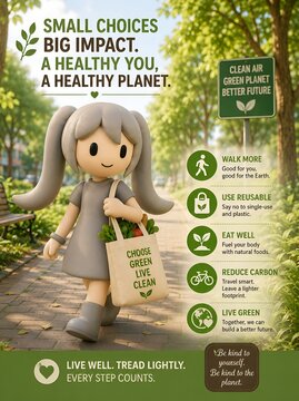 Cute 3D mascot promoting healthy sustainable lifestyle walking with reusable shopping bag
