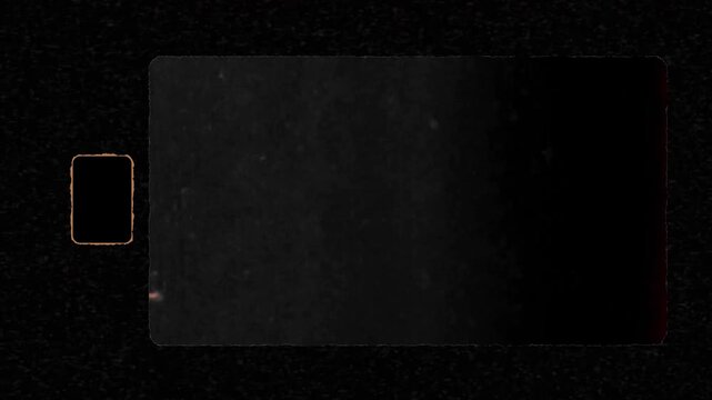 8mm film frame overlay with aesthetic dust texture, scratches, grain, and dark empty black border. Suitable for adding a retro feel to designs.
