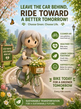 Cute 3D mascot riding bicycle promoting sustainable transportation and eco friendly commuting