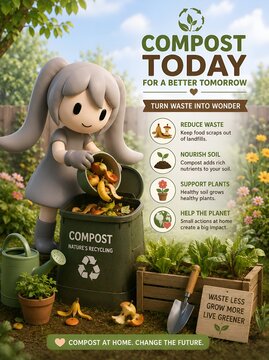 Cute 3D mascot composting kitchen scraps in a backyard garden for sustainable living