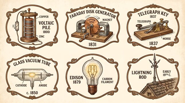 Vintage scientific devices including voltaic pile, daguerre disk generator, telegraph key, glass vacuum tube, Edison's carbon filament bulb, and early lightning rod.