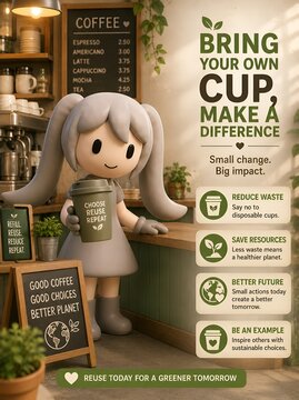 Cute 3D mascot promoting reusable coffee cup in a cozy eco-friendly coffee shop