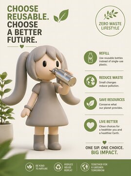 Cute 3D mascot drinking from a reusable metal water bottle promoting zero waste lifestyle