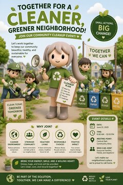 Cute 3D mascot organizing a community cleanup event for a cleaner greener neighborhood
