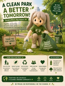 Cute 3D mascot cleaning a public park and promoting community litter cleanup environmental awareness