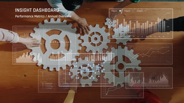 A detailed overview of an insight dashboard showcasing performance metrics. The image captures teamwork and collaboration with gears and graphs to represent data analysis. Raster