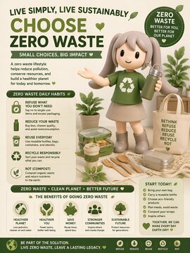 Cute 3D mascot promoting a zero waste lifestyle with reusable products and sustainable living infographic