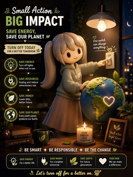 Cute 3D mascot turning off lights at night to promote energy conservation