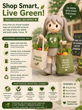 Cute 3D mascot promoting sustainable shopping with reusable grocery bags and eco friendly lifestyle