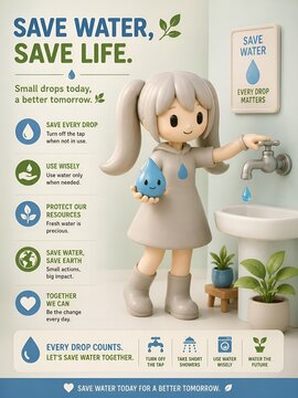 Cute 3D mascot turning off a dripping faucet to promote water conservation