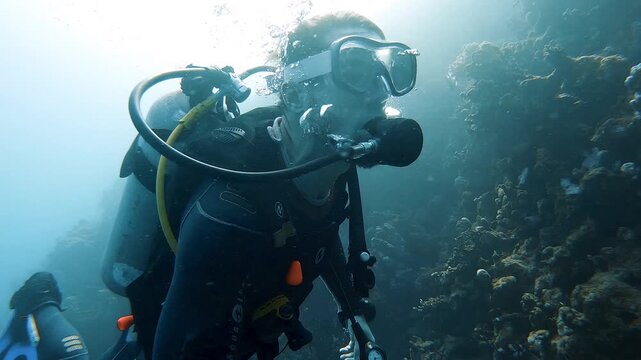 Scuba divers exploring a coral reef wall in Marsa Alam. Close up of diver with gear and with diving buddy in deep blue Red Sea.