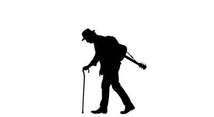 Fototapeta premium An elderly man walks slowly with a cane on transparent background
