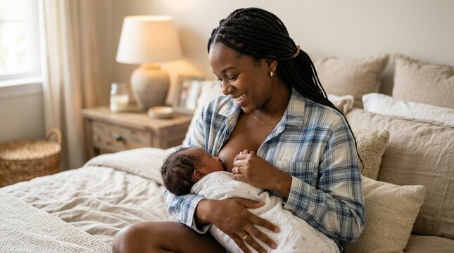 Maternal Bonding. A smiling Black mother breastfeeding her newborn baby in a cozy bedroom, capturing the intimate and nurturing connection of early parenthood and infant care at home.