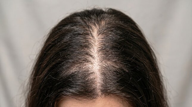 Realistic top-down close-up photograph focusing on a woman's scalp, revealing visible hair thinning and a noticeably widening part, indicating early stages of hair loss or alopecia concerns