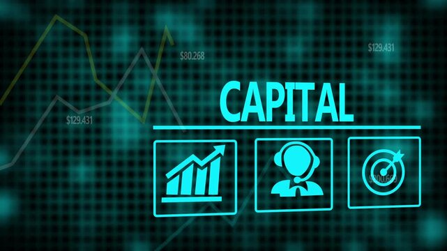 Capital business concept on a flashing computer monitor with moving graphs and data.