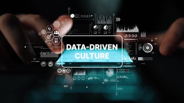 Hands Engaging with Smartphone Displaying Data-Driven Culture on a Dark Background with Digital Elements. Asymptotic smart data analytic.