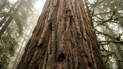 Obraz premium Majestic ancient redwood tree trunk reaching skyward in a misty forest.