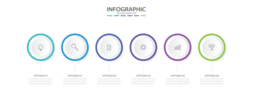 Timeline infographic with infochart. Modern presentation template with 6 spets for business process. Website template on white background for concept modern design. Horizontal layout.Vector EPS10