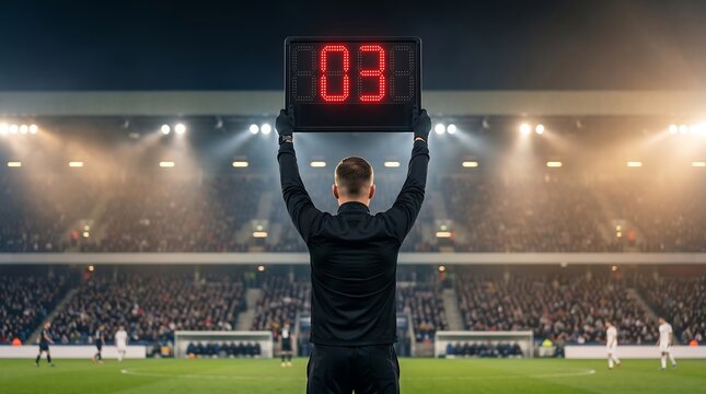 A fourth official holds up a digital substitution board showing the number three during a professional football match at a floodlit stadium