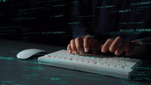 Image captures hands typing on a sleek keyboard surrounded by glowing code and data elements, symbolizing the essence of technology and innovation in the digital age. Xenic