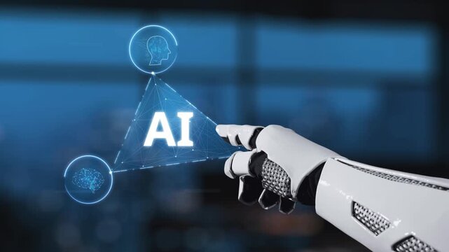 A futuristic robotic hand points to a central AI symbol, surrounded by brain icons, symbolizing the intersection of technology and human intelligence in modern innovations. Synapse
