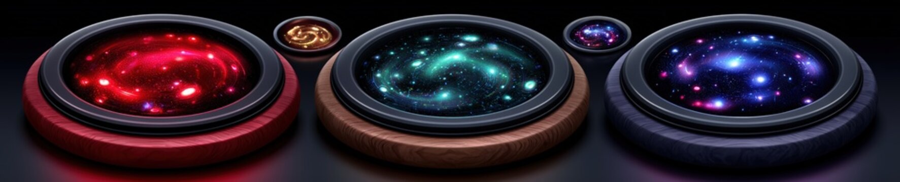 Wooden artist palette holding glowing swirling pools of digital neon light and holographic data on dark moody background.