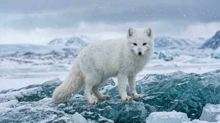 Obraz premium Arctic Fox Standing on Ice in a Snowy Landscape.