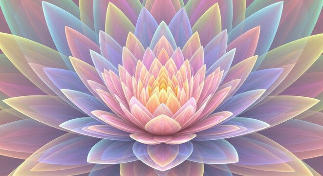 Symmetrical mandala pattern of iridescent multi colored lotus flower petals with symmetrical